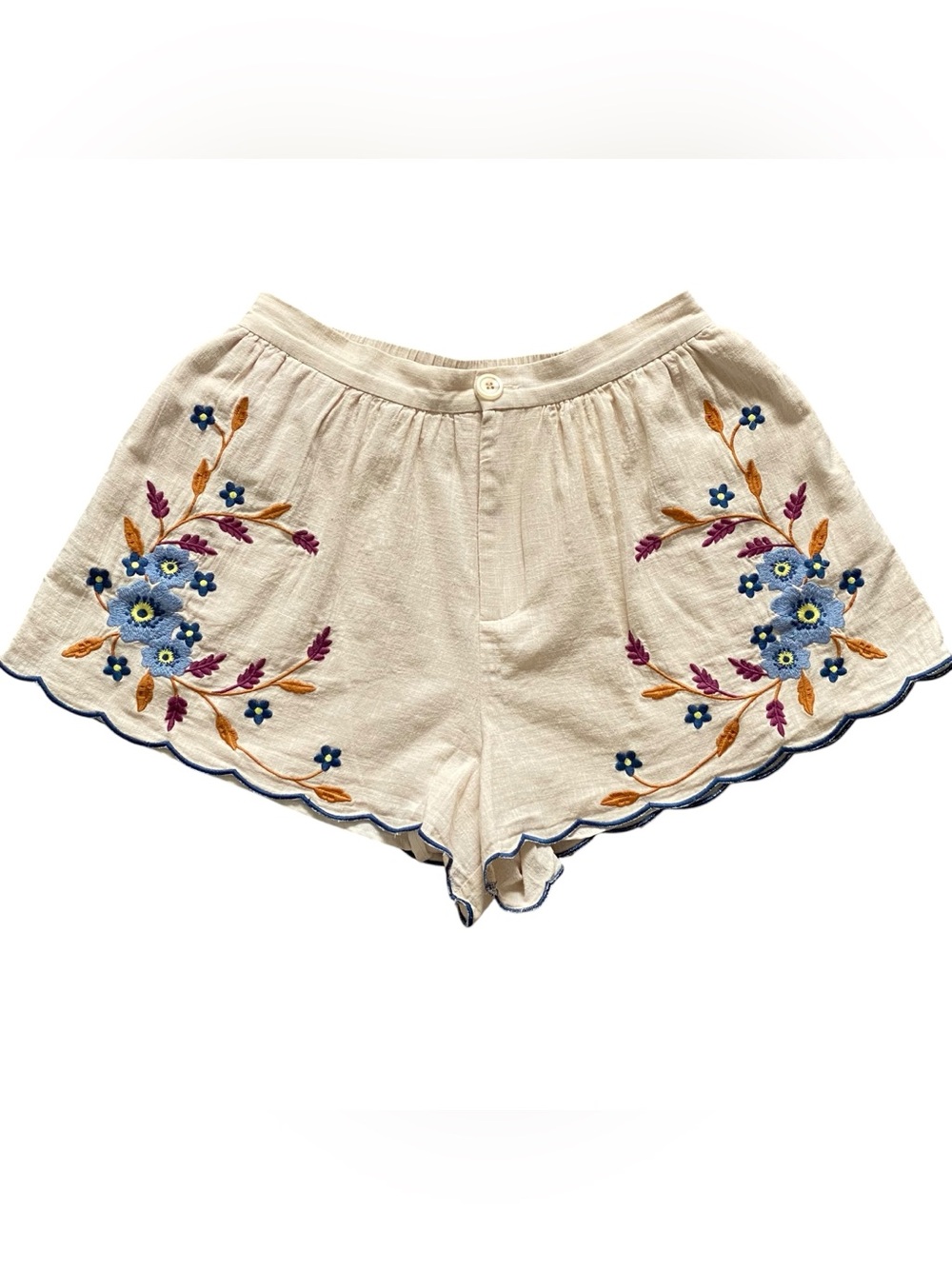 Mable Floral Embroidered Scallop Hem High Rise Shorts Womens M  Lined  Boho